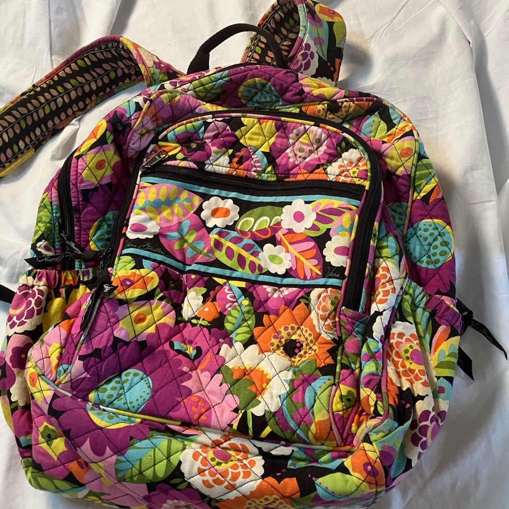 Vera Bradley Quilted Purple and Green Backpack with Floral Design
